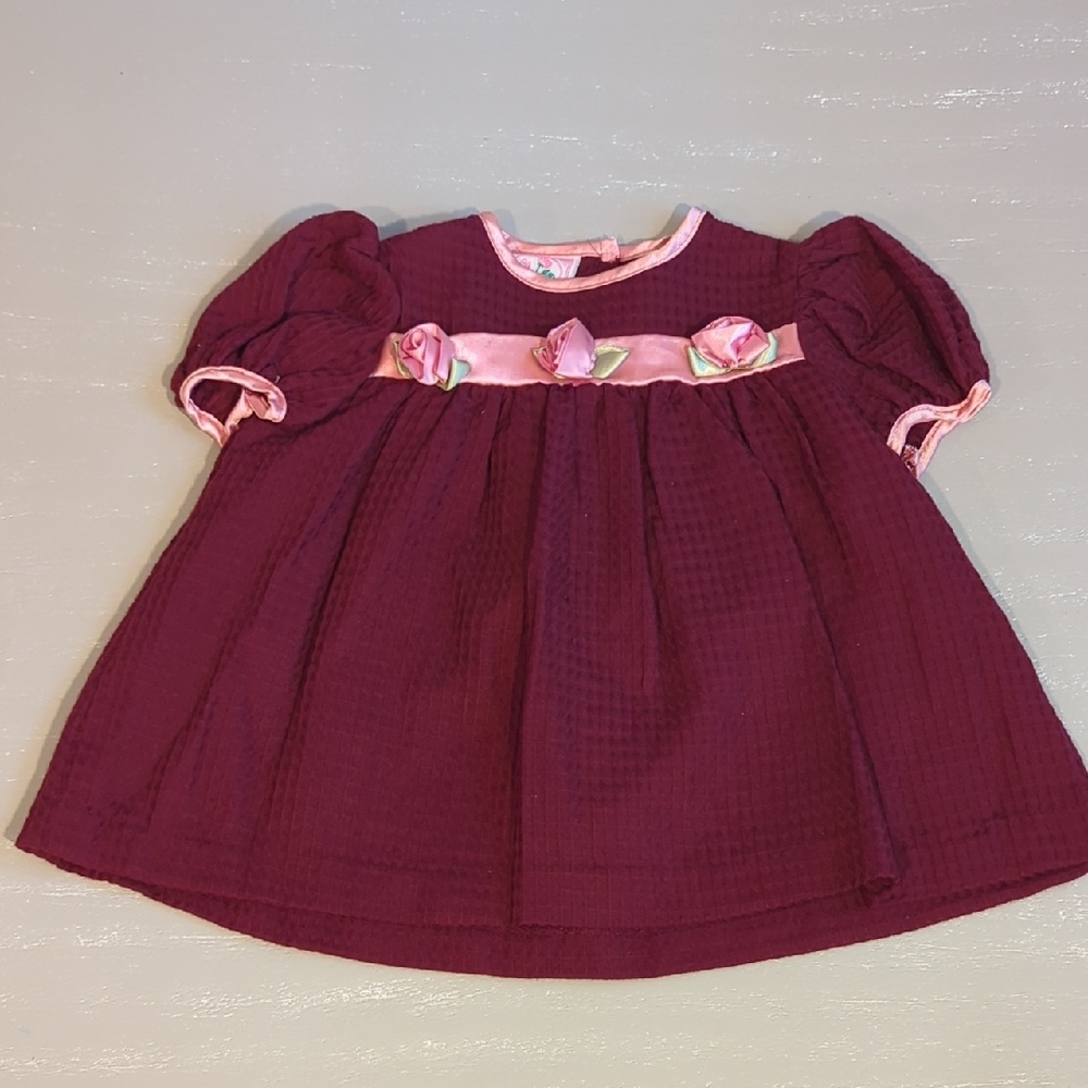 Vintage Baby Dress Waffle Knit Maroon Flowers Size‎ 12M